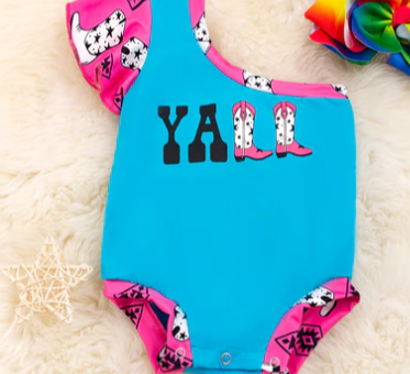 Turquoise Blue and Pink Ya'll One Shoulder Baby Romper