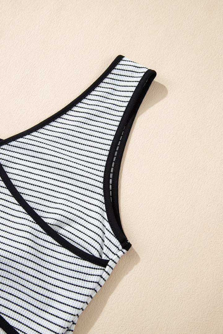 Black Stripe Sleeveless Criss Cross Peek A Boo Back Fitted Mid Length Dress