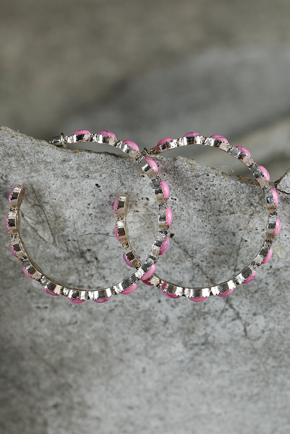 Pink Scalloped Faux Gem Inlay Hoop Pierced Earrings