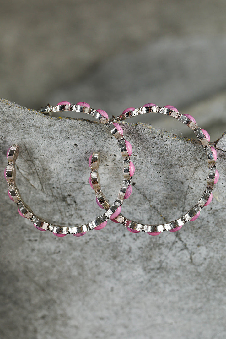 Pink Scalloped Faux Gem Inlay Hoop Pierced Earrings
