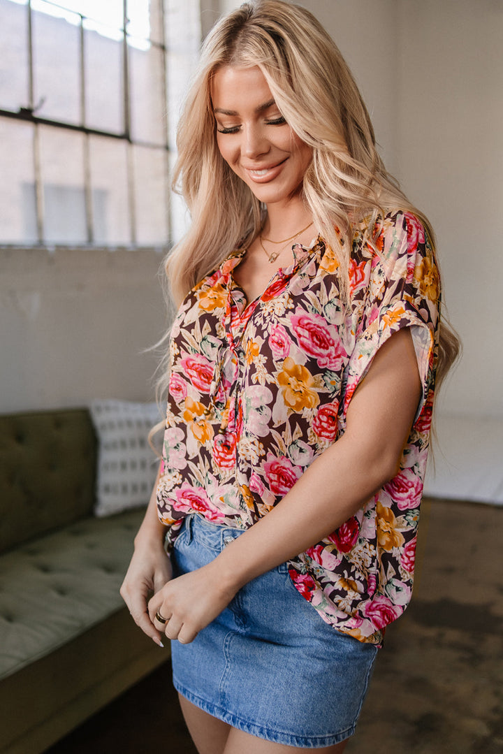 Floral Print Ruffle Collar Short Sleeve Blouse