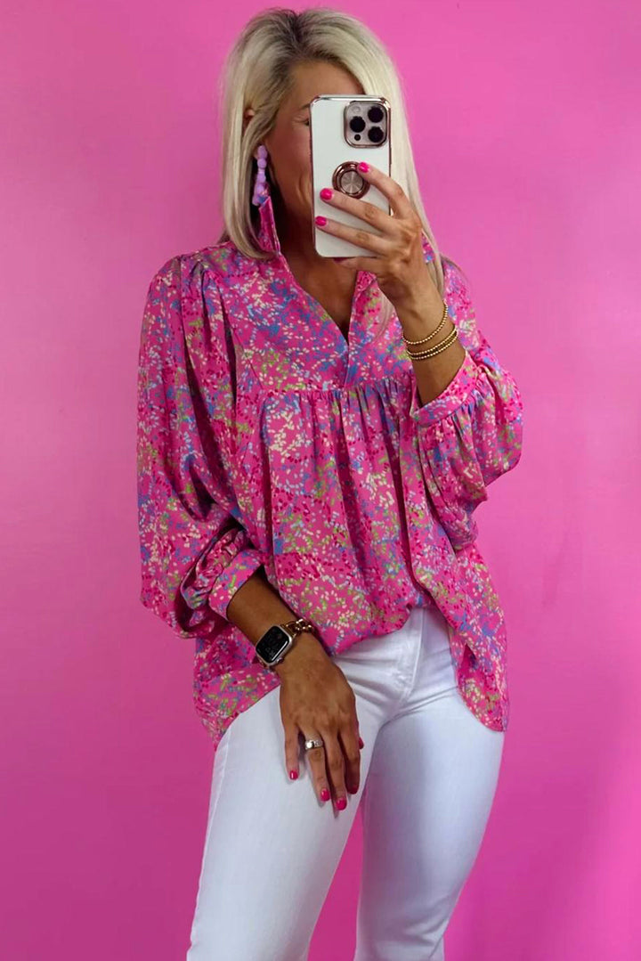 Hot Pink Abstract Floral Print Collared V Neck Babydoll Blouse