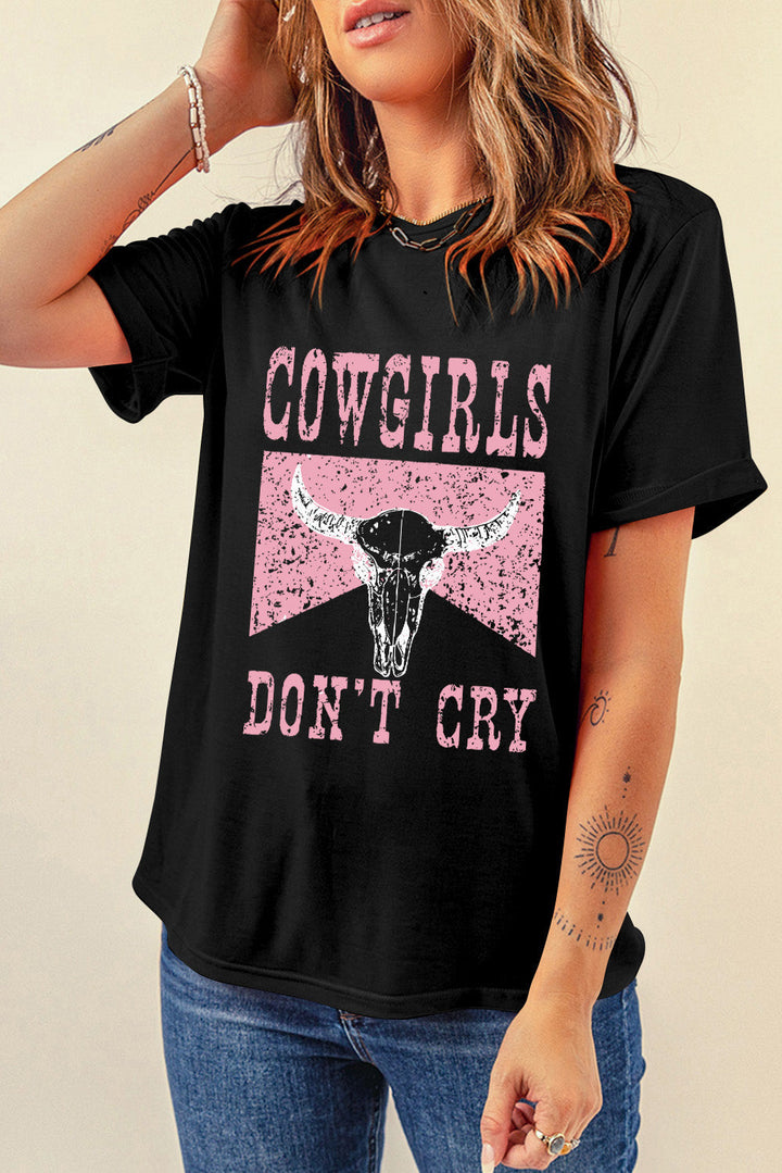 Cowgirls Don't Cry Cow Skull Graphic Tee in Graphite Black