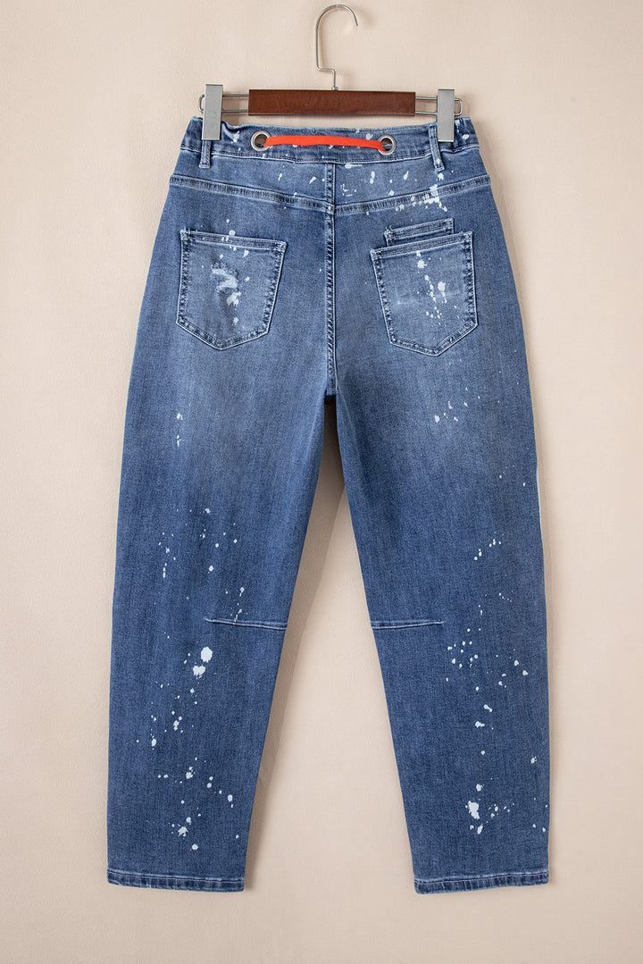 Blue Distressed Bleach Splatter Cropped Straight Leg Jeans with Orange Drawstring