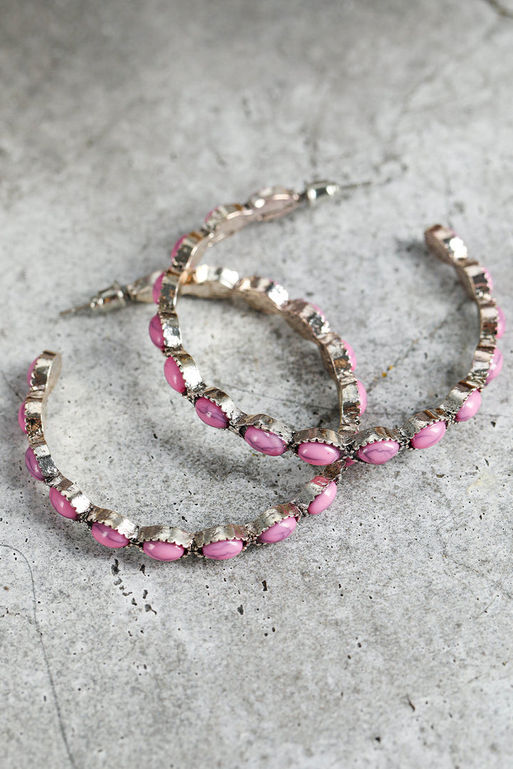 Pink Scalloped Faux Gem Inlay Hoop Pierced Earrings