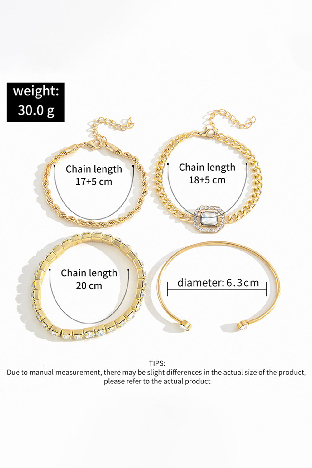 Gold Plated Rhinestone Tennis Bracelet, Bangle and Chain Bracelet Set 4 Piece