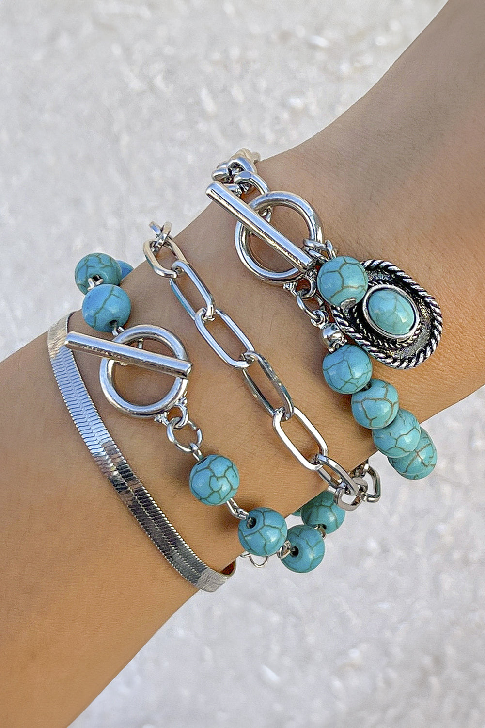 Silver Tone Turquoise Blue 4 Piece Layering Western Beaded Bracelet Set