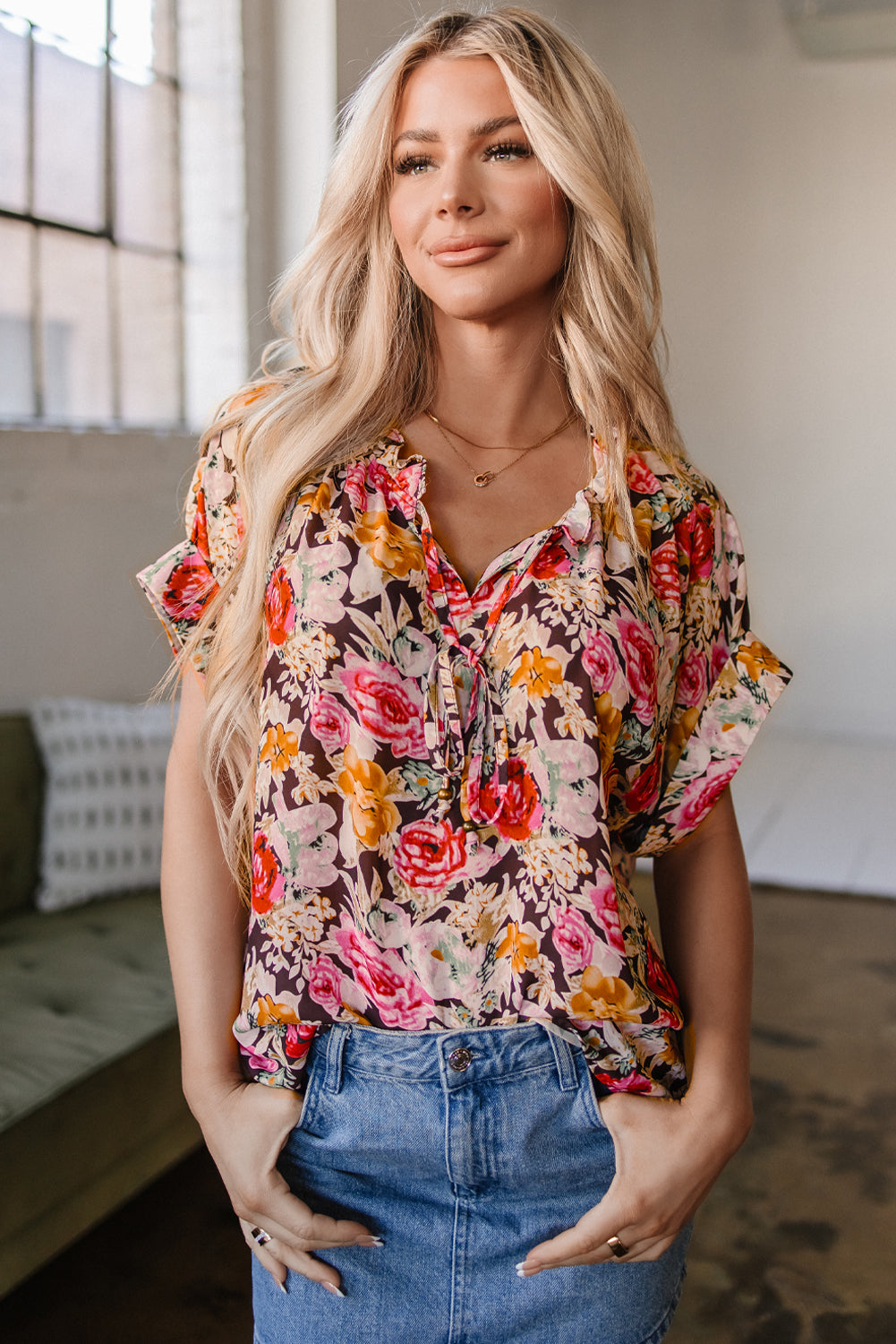 Floral Print Ruffle Collar Short Sleeve Blouse
