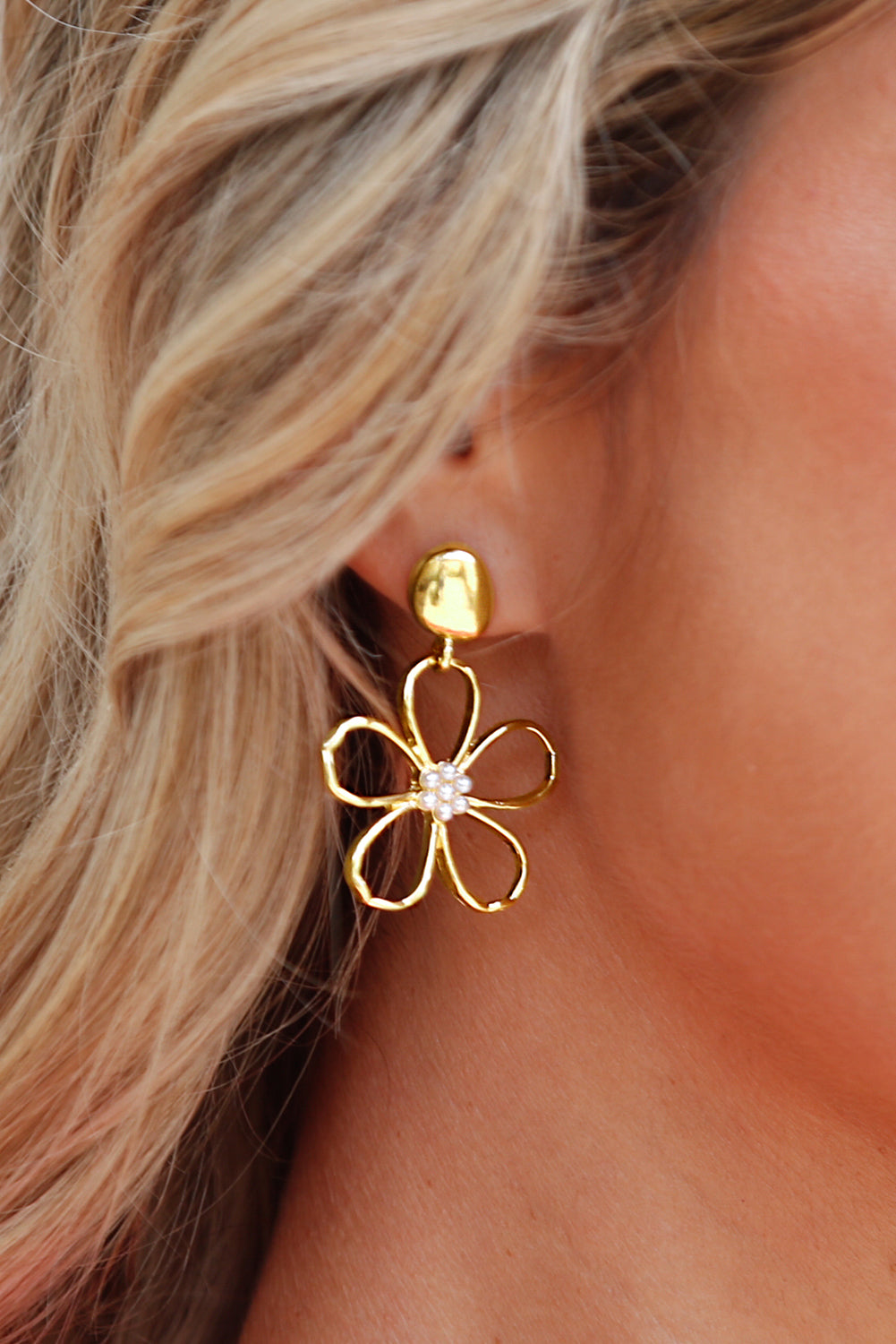 Gold Plated Dangle Flower Pierced Earrings with Faux Pearl Center