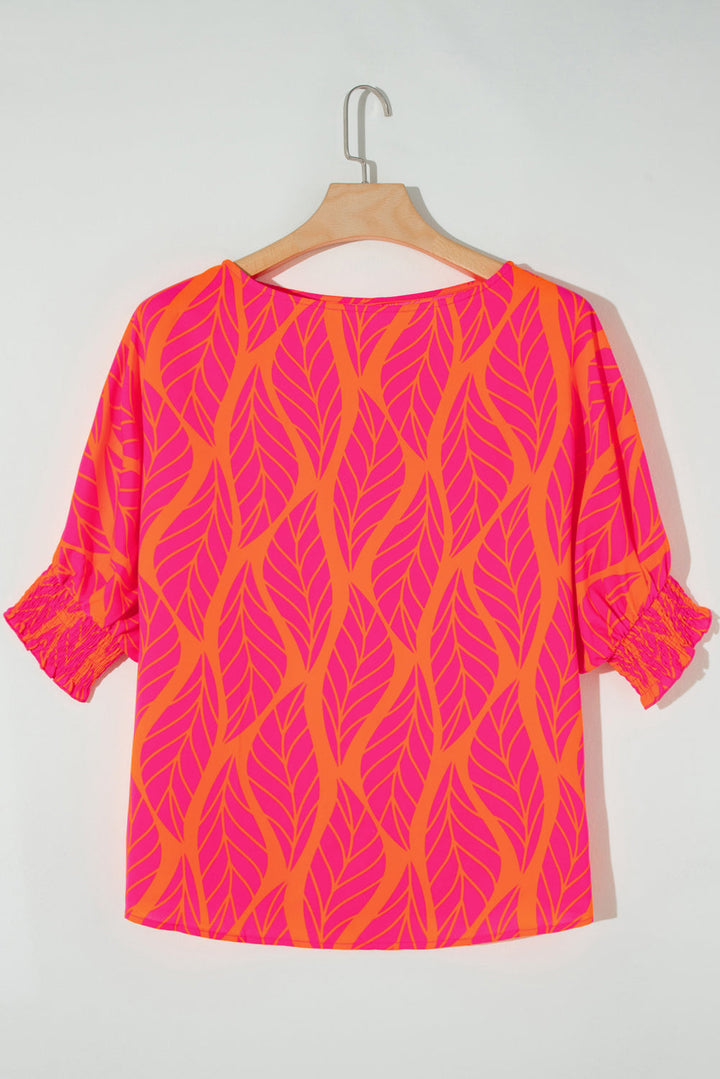 Neon Hot Pink & Orange Tropical Leaf Printed Smocked Lantern Sleeve Plus Size Blouse