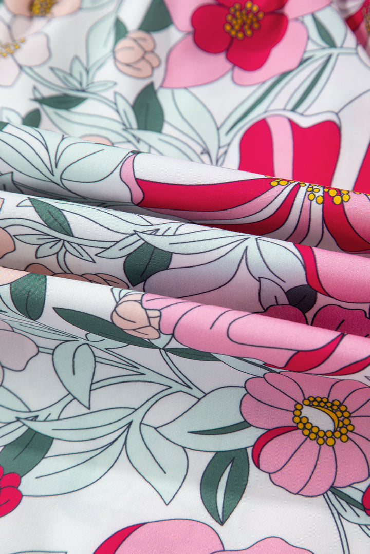 Floral Print Green Stripe Ruffles Contras Trim Cap Sleeve Blouse