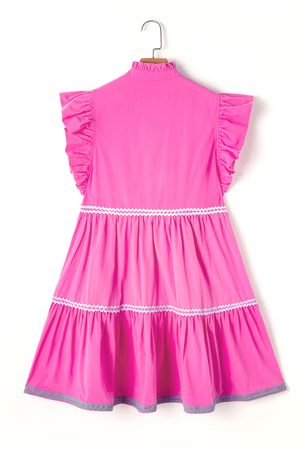 Hot Pink Ric Rac Trimmed Flutter Sleeve V Neck Tiered Dress