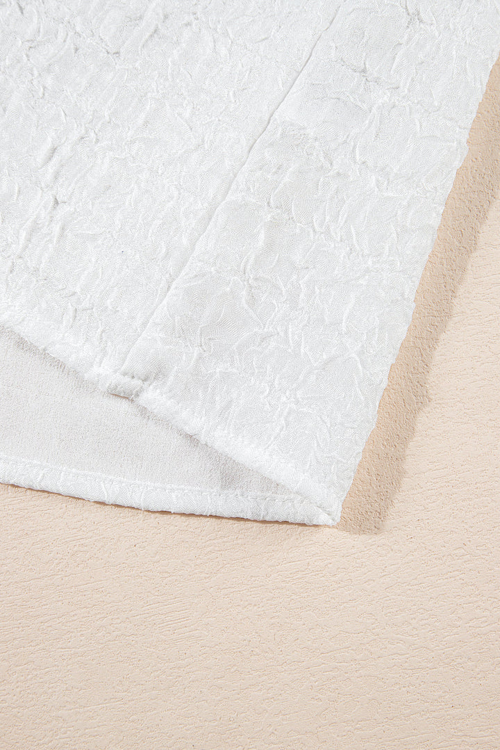 White High Collar Sequin Flower Puff Sleeve Textured Top