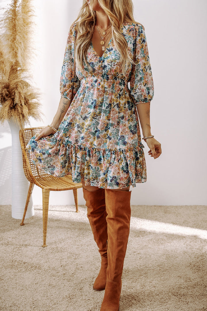 Floral V Neck 3/4 Sleeve Elastic Waist Ruffled Dress