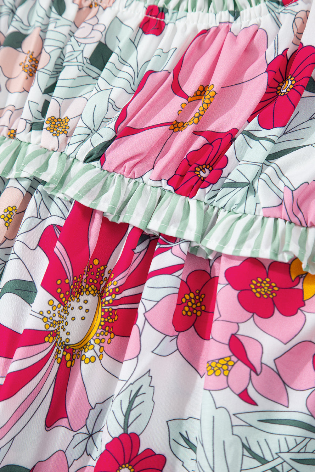 Floral Print Green Stripe Ruffles Contras Trim Cap Sleeve Blouse