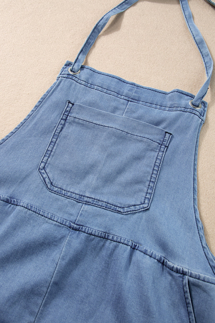 Grommet Tie Straps Casual Blue Denim Romper