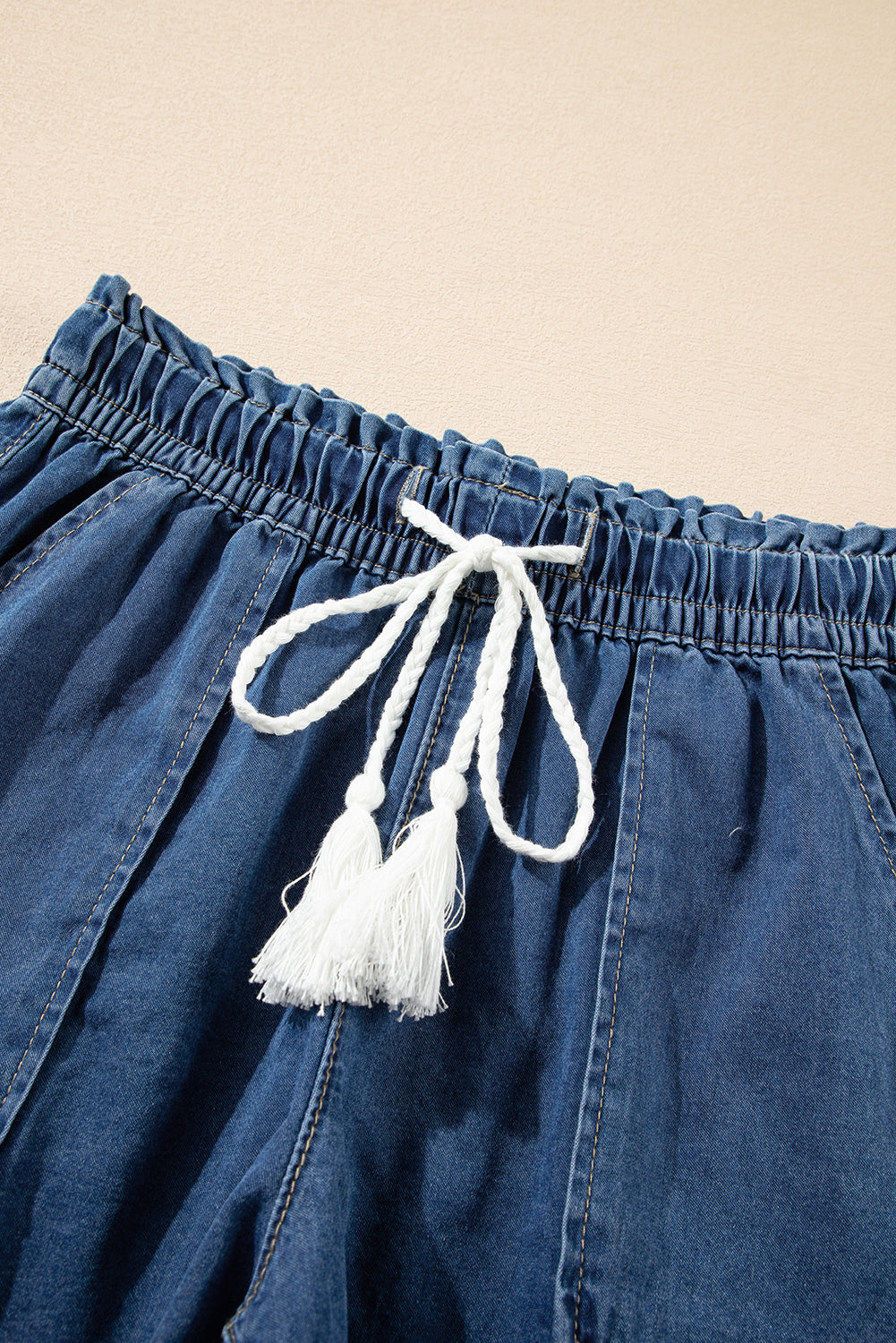 Blue Freyed Hem Drawstring High Waist Denim Shorts with Pockets Success