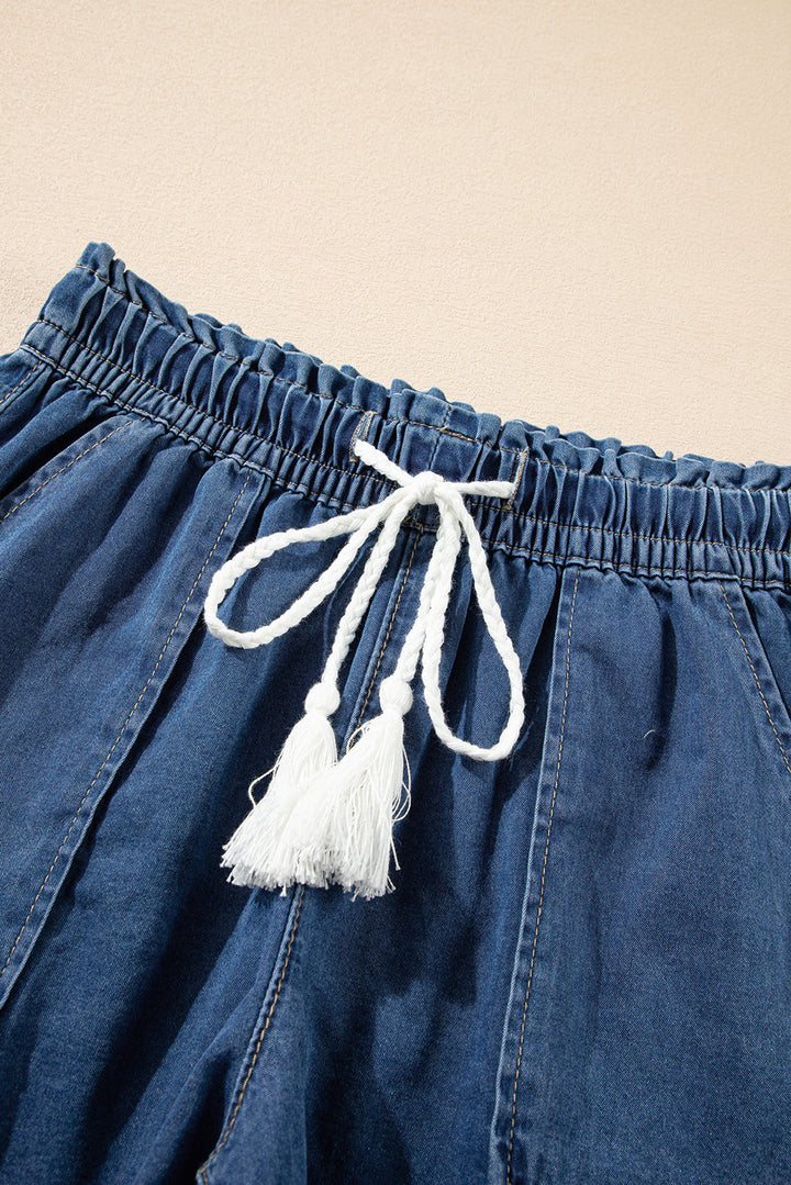 Blue Freyed Hem Drawstring High Waist Denim Shorts with Pockets Success