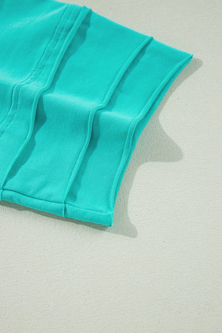 Island Aqua Solid Color Half Sleeve Buttons Henley Top