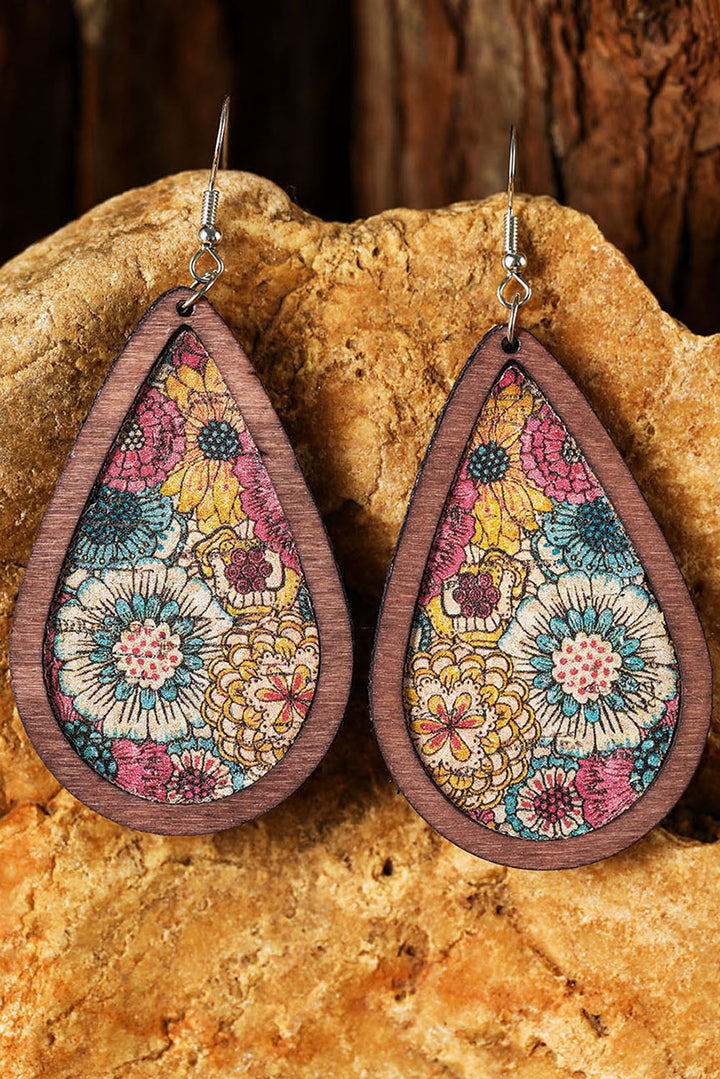 Wooden Boho Floral Print Drop Pierced Earrings