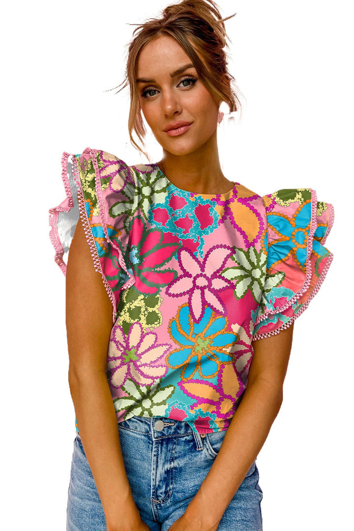 Brightly Colored Abstract Floral Print Lace Trimmed Ruffle Sleeve Blouse