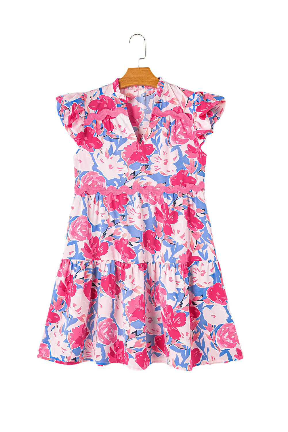 Pink Floral Printed V Neck Ric Rac Flutter Sleeve Dress