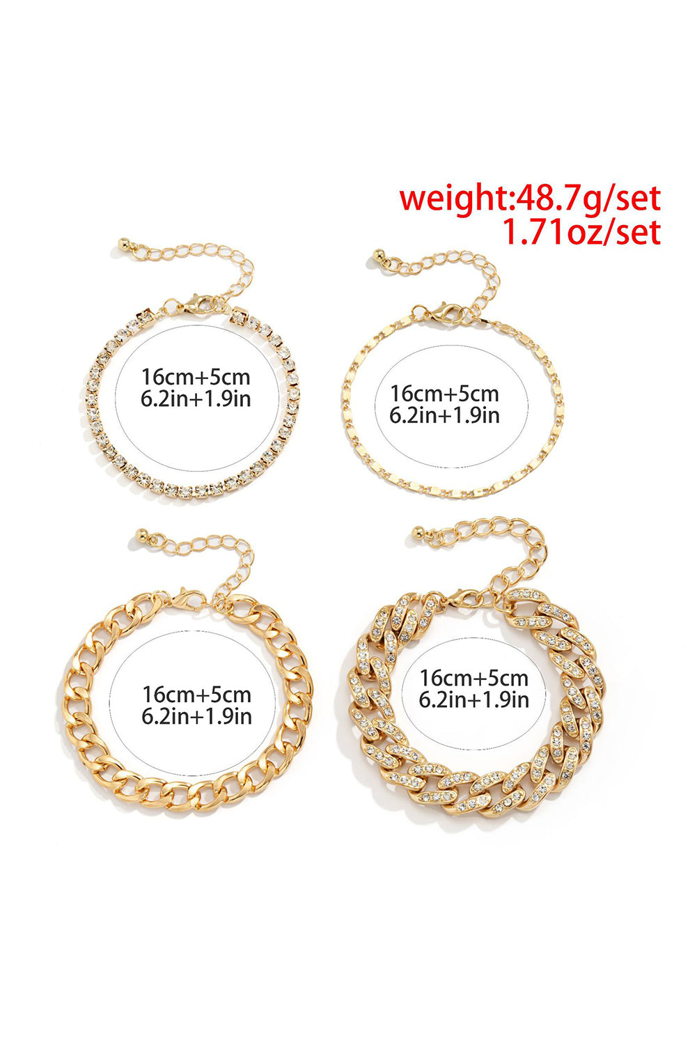 Rhinestone and Gold Bling 4 Piece Layering Gold Plated Bracelet Set-Adjustable Chain Lengths