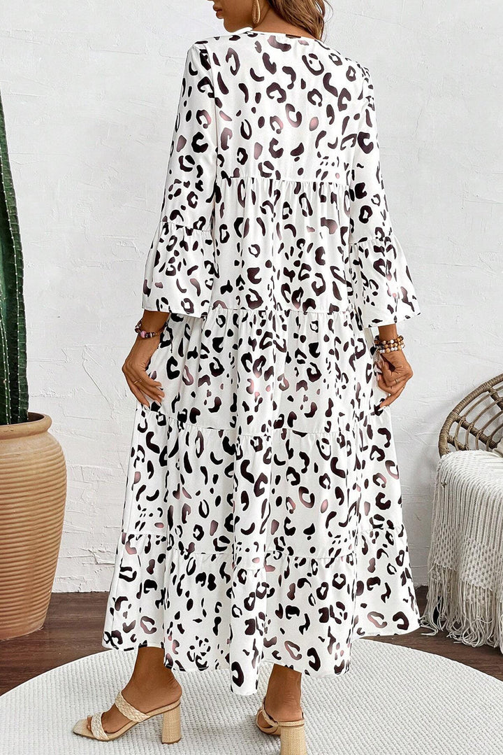 White Leopard Print V Neck Ruffle Sleeve Loose Fit Maxi Dress