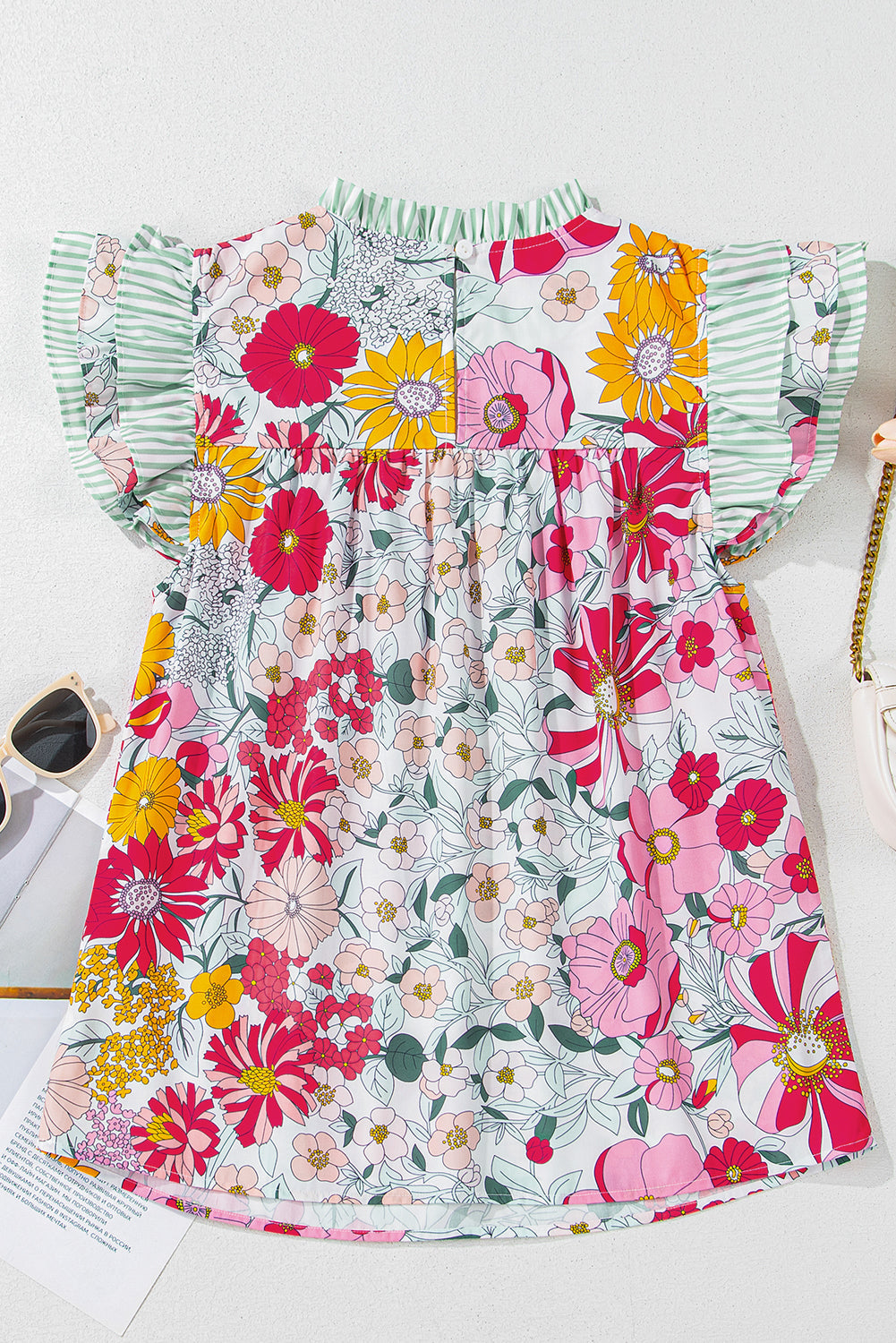 Floral Print Green Stripe Ruffles Contras Trim Cap Sleeve Blouse