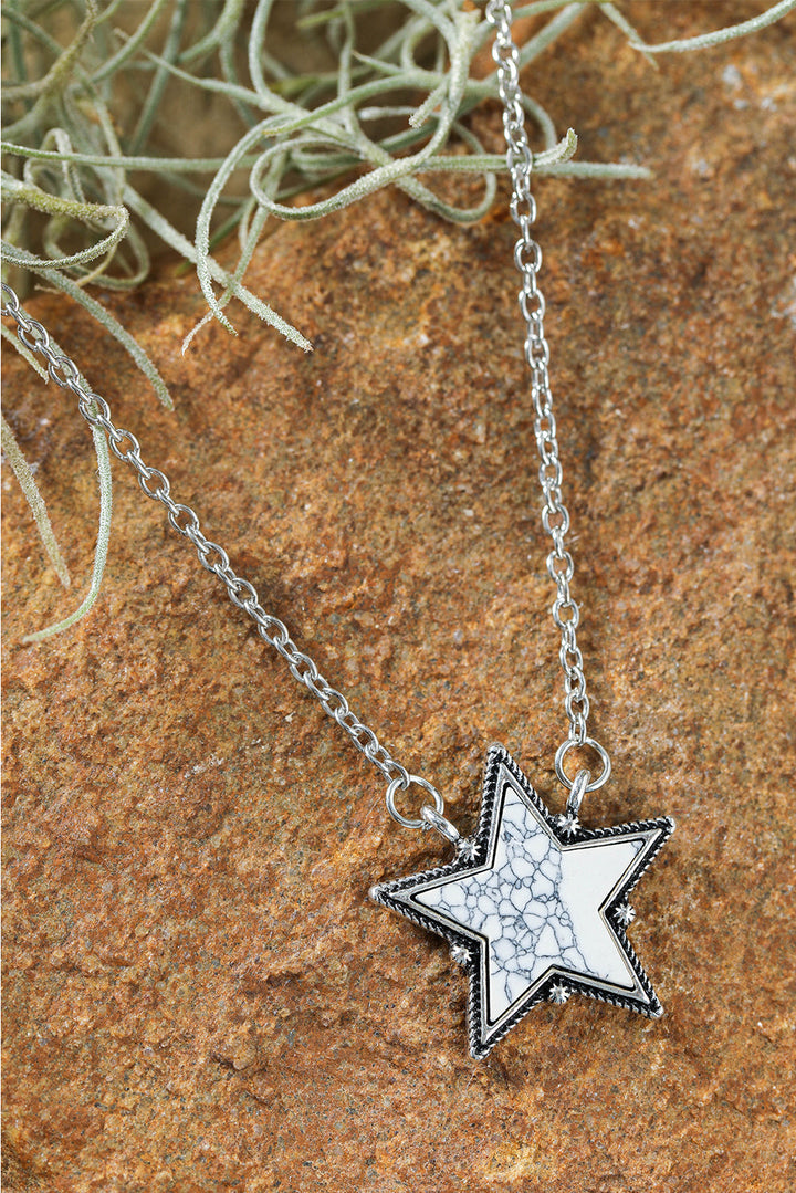 Western Cowgirl White Faux Turquoise Star Shape Pendant Silver Tone Chain Necklace