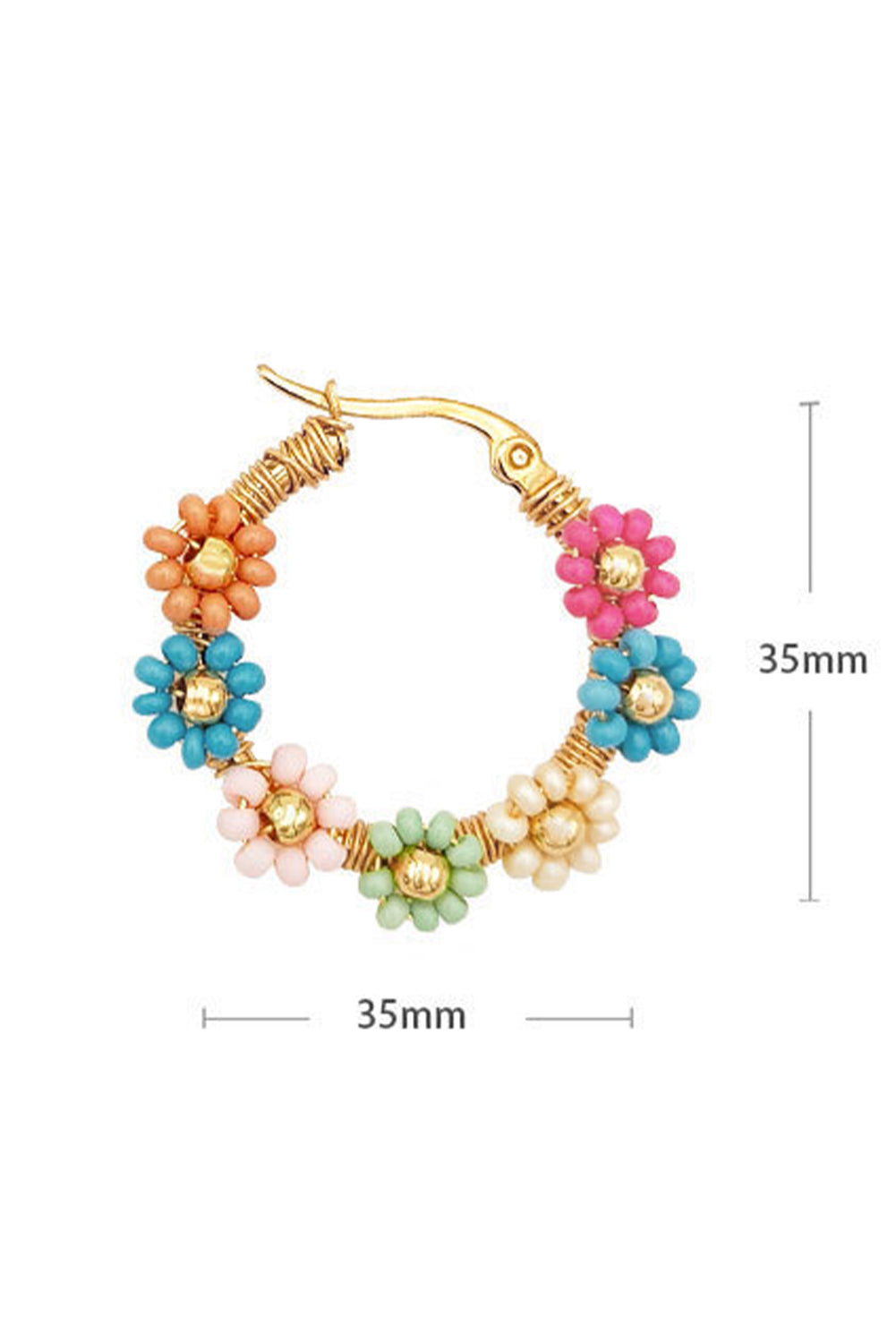 Beaded Pastel Floral Gold Tone Hoop Pierced Earrings