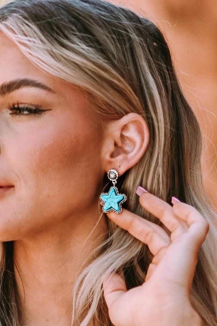 Faux Tuquoise Star Dangle Antique Studded Western Pierced Earrings