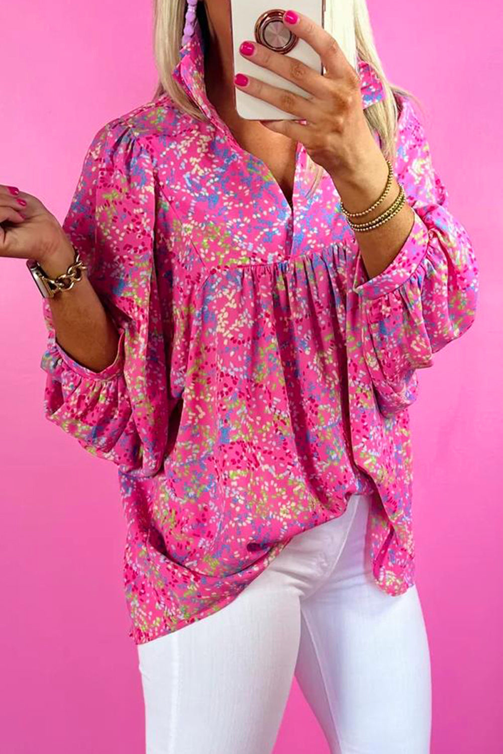 Hot Pink Abstract Floral Print Collared V Neck Babydoll Blouse