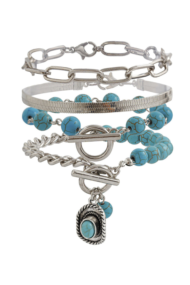 Silver Tone Turquoise Blue 4 Piece Layering Western Beaded Bracelet Set