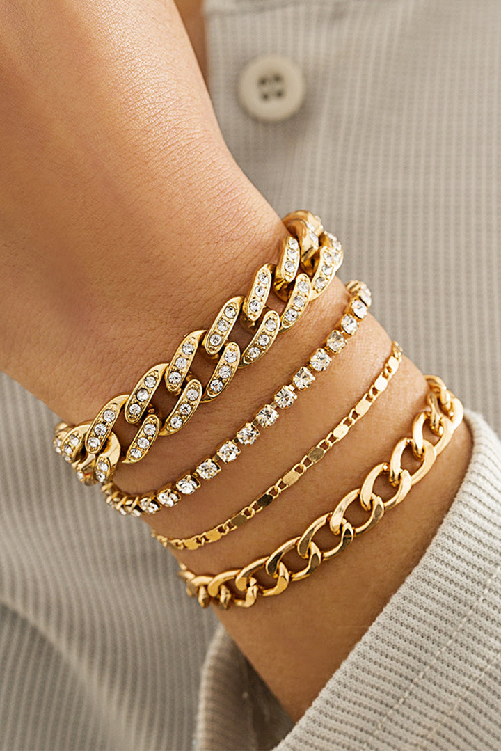 Rhinestone and Gold Bling 4 Piece Layering Gold Plated Bracelet Set-Adjustable Chain Lengths