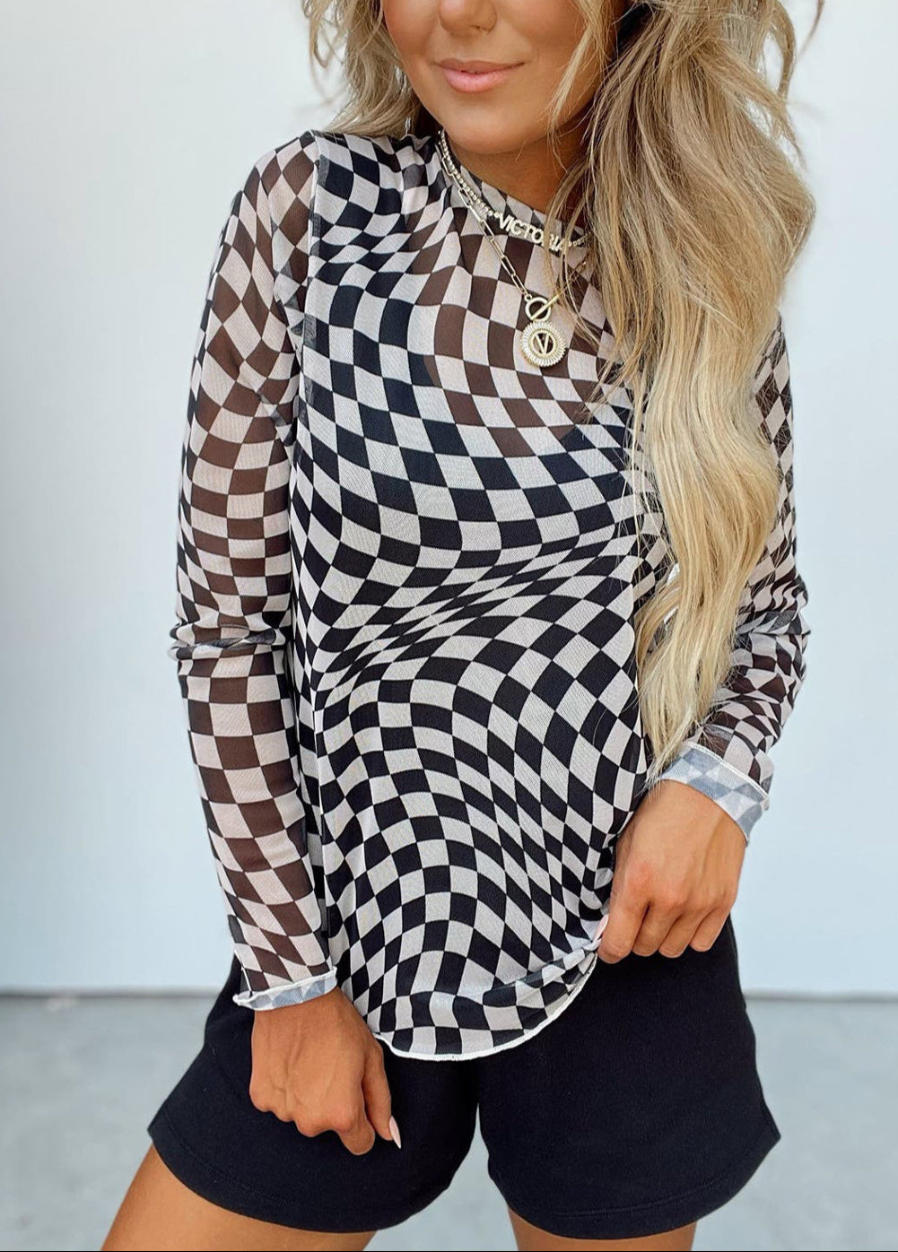 Black and White Checkered Pattern Mesh Neck Long Sleeve Stretch Top