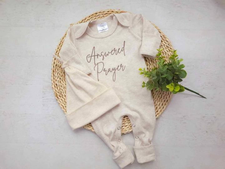 “Answered Prayer” Embroidered Onesie – Oatmeal Heather
