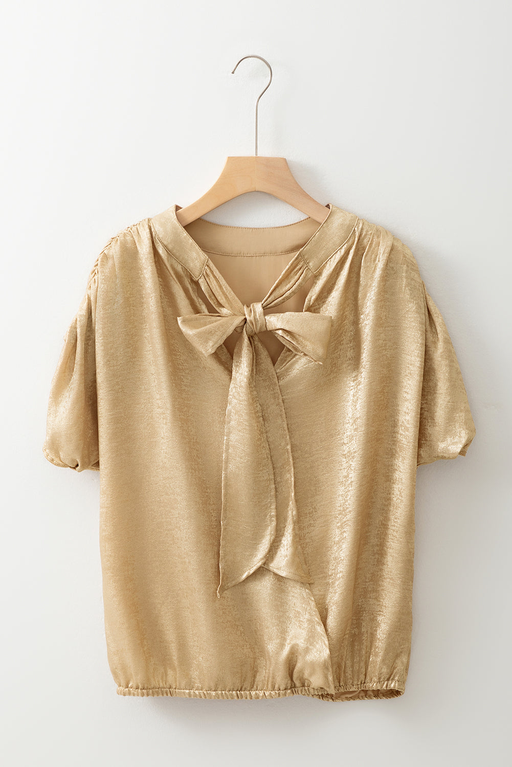 Gold Metallic Ruched Sleeve Back Knot Blouse