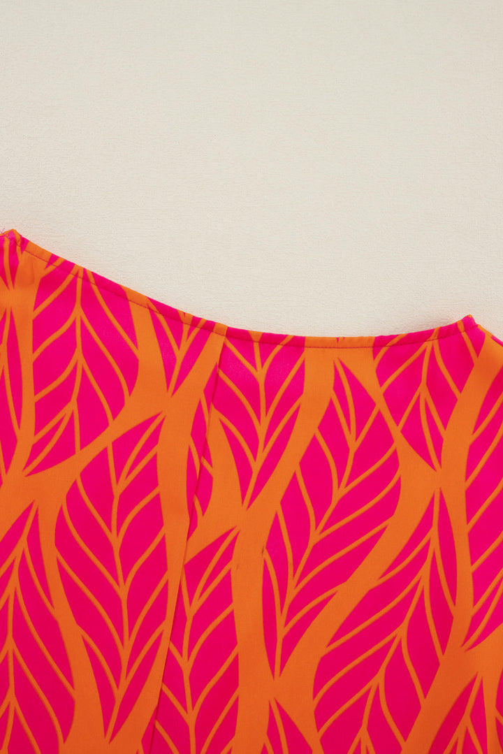 Neon Hot Pink & Orange Tropical Leaf Printed Smocked Lantern Sleeve Plus Size Blouse