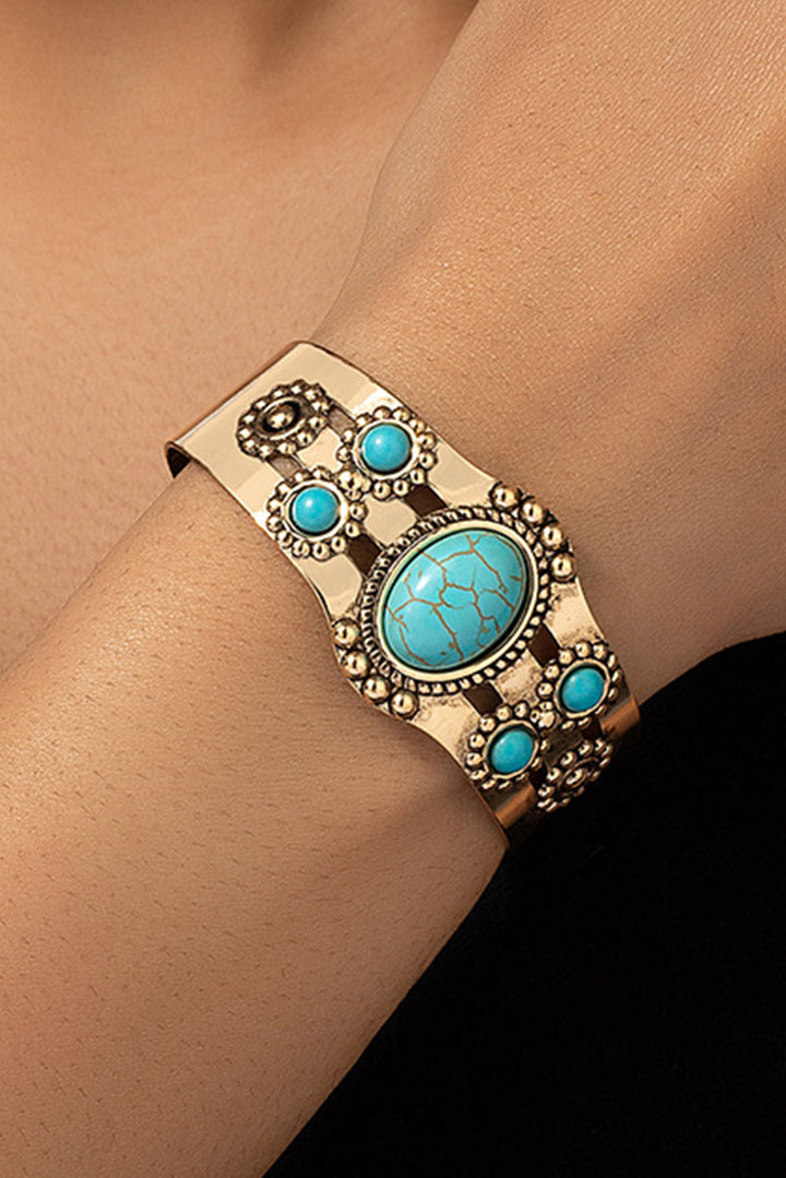 Gold Tone Vintage Boho WEstern Faux Turquoise Cuff Bracelet