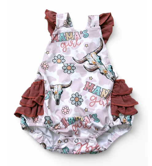 Mams's Girl Ruffle Butt Cow Skull Western Romper