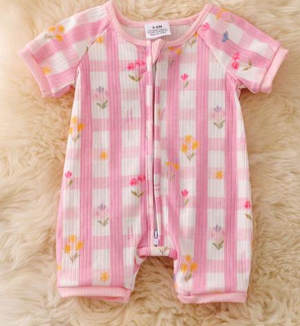 Pink & White Gingham Floral Romper