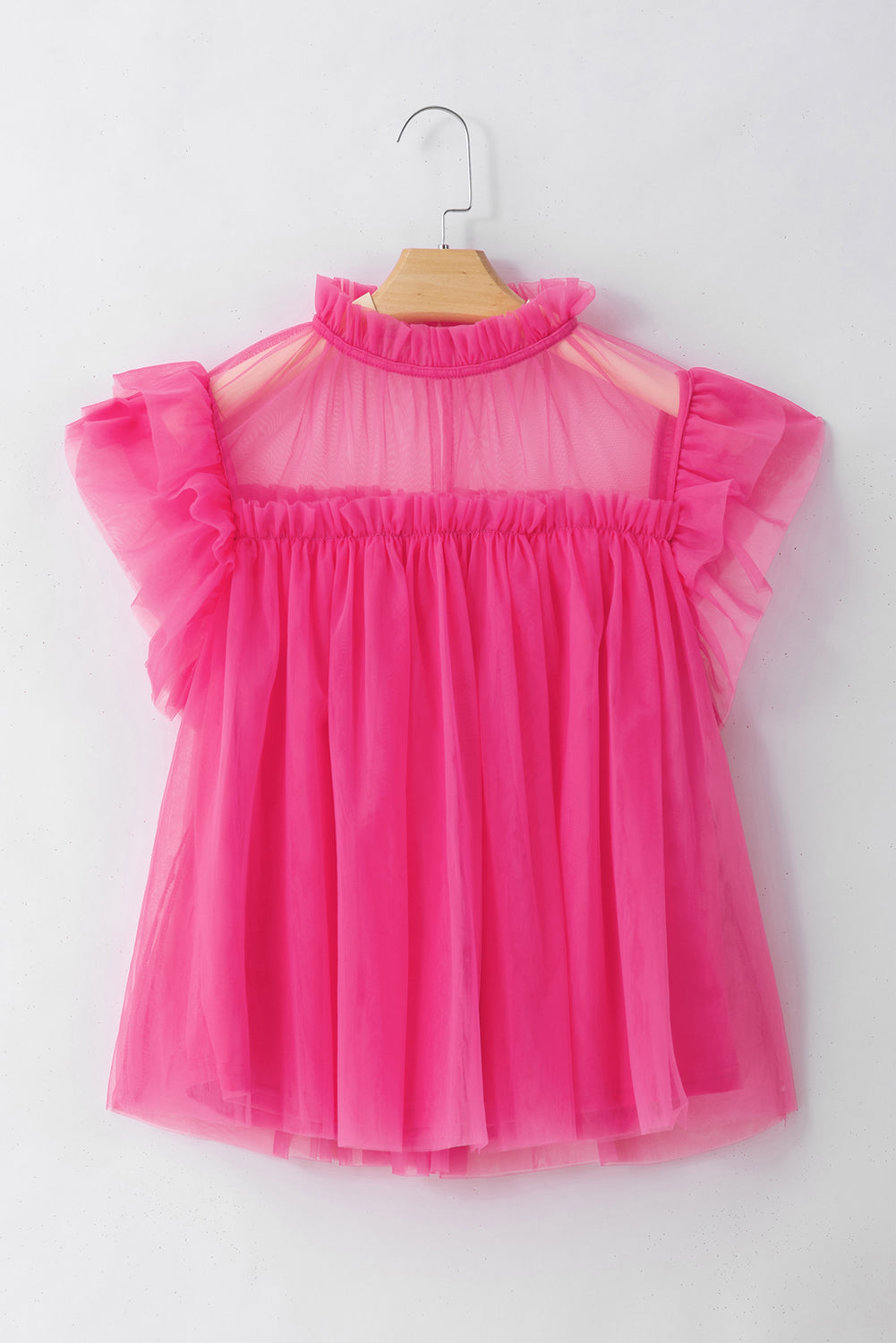 Hot Pink Tulle Ruffle Sleeve Flared Babydoll Top