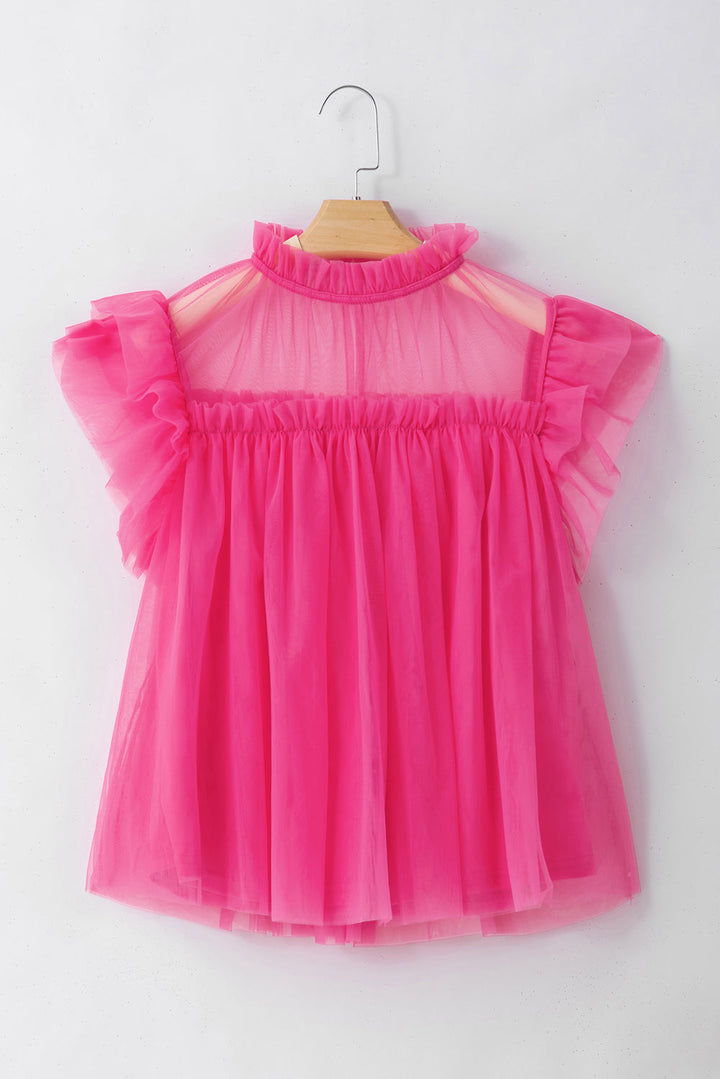 Hot Pink Tulle Ruffle Sleeve Flared Babydoll Top