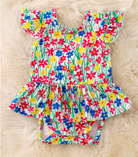 Infant Vibrant Floral BAMBOO One Piece Ruffle Skirted Body Suit