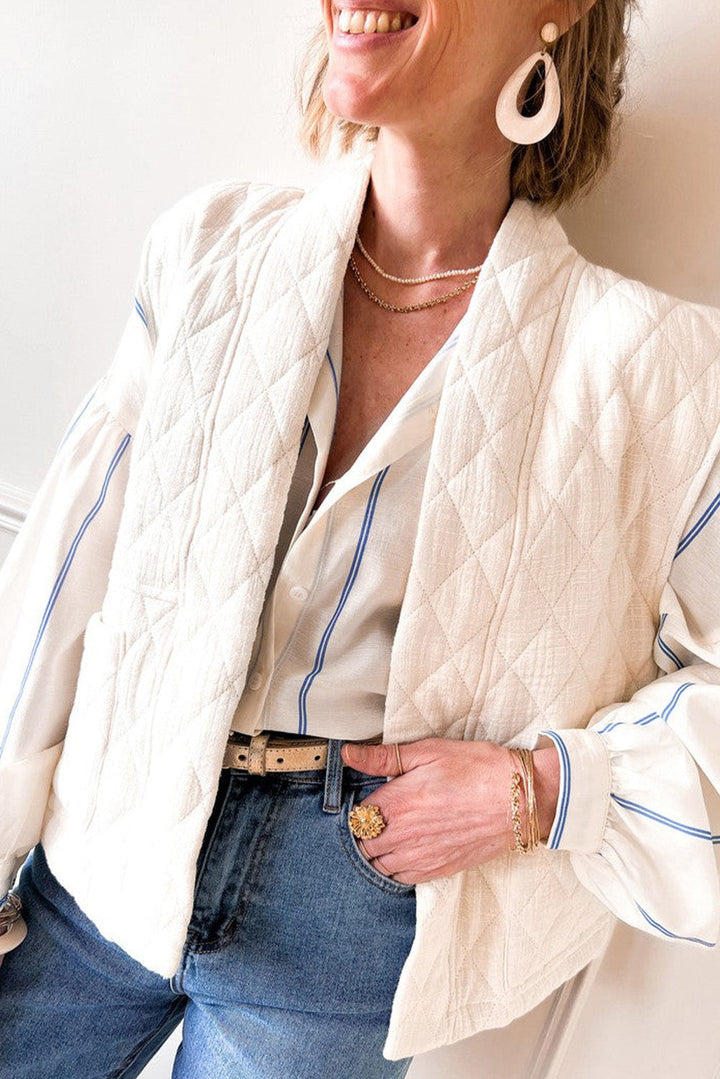 Ivory and Blue Stripe Balloon Sleeve Button Front Blouse