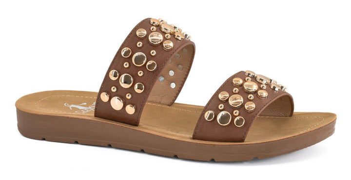 Corkys Double Take Sandal in Cognac with Gold Studs