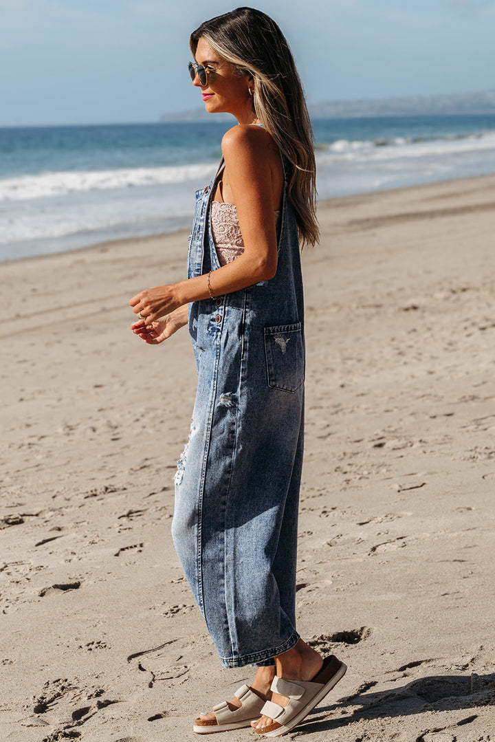 Blue Stone Washed Distressed Bib Pocket Wide Leg Denim Overall Tie Straps