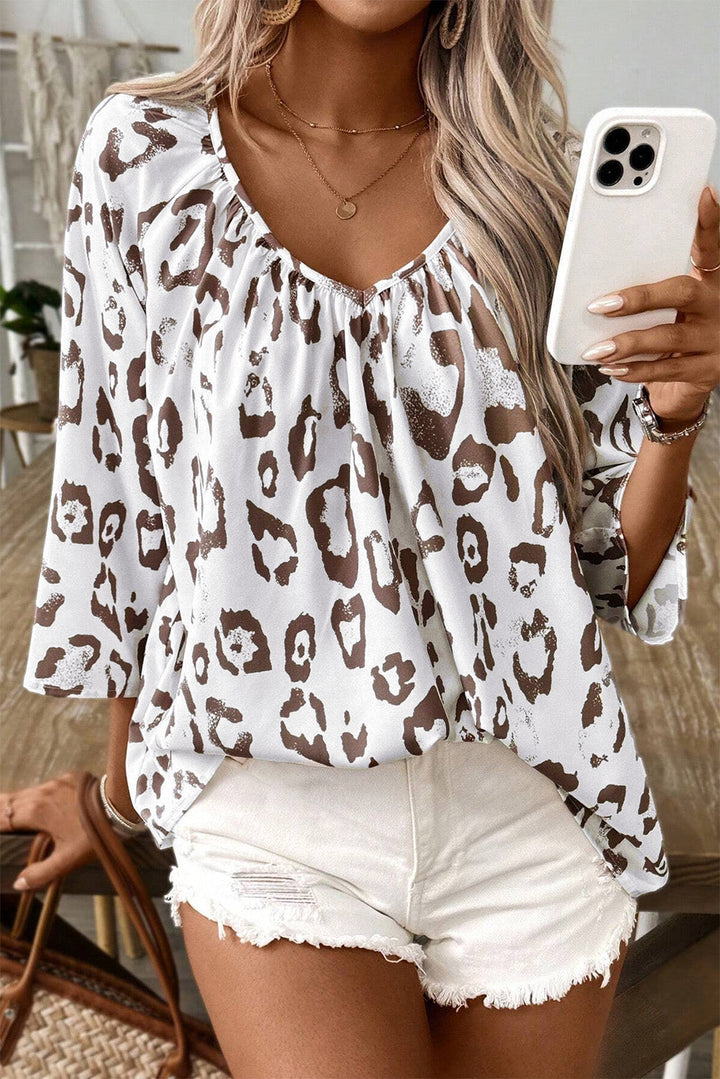 Leopard Print Ruched V Neck Blouse