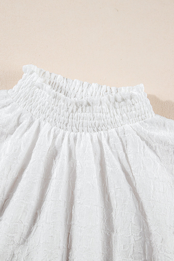 White High Collar Sequin Flower Puff Sleeve Textured Top